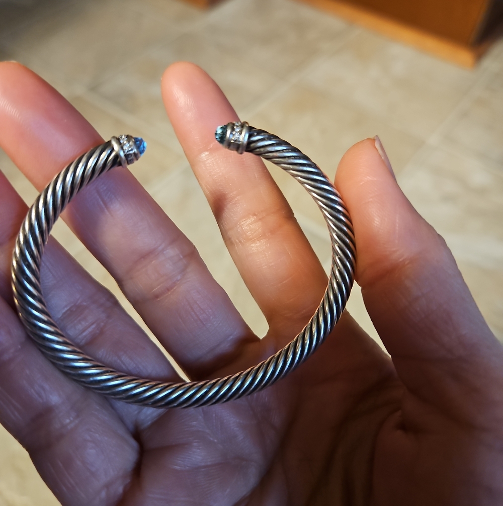 David Yurman Sterling Cable Cuff Bracelet with Blue Gem Tips
